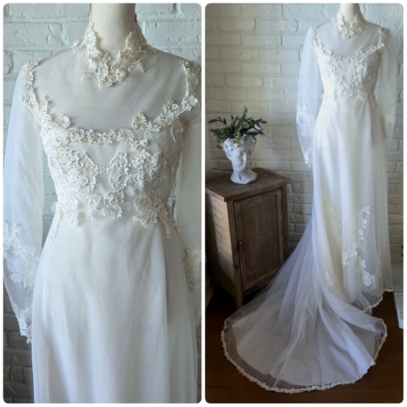 American Vintage Dresses & Skirts - Vtg 70s Lace Applique + Pearl High Neck Wedding Gown, Fairy/ Victorian, Read